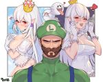  1boy 1girl absurdres beard boo breasts brown_hair butt_crack choney cleavage collar covered_navel covering_face crown dual_persona embarrassed facial_hair frilled_collar frills gloves hat highres large_breasts looking_at_viewer luigi luigi&#039;s_mansion super_mario_bros. mini_crown mustache nintendo no_pants open_mouth pointy_ears princess_king_boo red_eyes serious sharp_teeth super_crown super_mario_bros. teeth white_gloves white_hair 