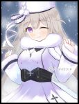  1girl :3 azur_lane belt black_belt blue_eyes coat conet510 cross cross_necklace dress eyebrows_visible_through_hair fur-trimmed_coat fur-trimmed_dress fur-trimmed_headwear fur-trimmed_sleeves fur_trim hat heterochromia jewelry long_hair looking_at_viewer murmansk_(azur_lane) necklace one_eye_closed papakha snow snowing solo standing tail violet_eyes white_dress white_headwear 