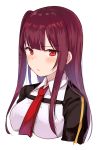  1girl bangs blush breasts chiune_(yachi) closed_mouth collared_shirt commentary_request eyebrows_visible_through_hair girls_frontline highres long_hair medium_breasts neckerchief one_side_up purple_hair red_eyes red_neckwear shirt simple_background solo upper_body very_long_hair wa2000_(girls_frontline) white_background white_shirt 