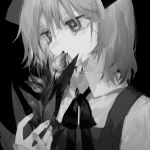  1girl bangs black_background cirno collared_shirt covered_mouth fingernails flower flower_to_mouth greyscale holding holding_flower isshin_(kaxz) looking_away monochrome neck_ribbon ribbon sad shirt short_hair solo tears touhou tulip upper_body 