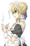  1girl ahoge alternate_costume apron artoria_pendragon_(all) blonde_hair braid breasts choker cleavage elf_(stroll_in_the_woods) enmaided fate/stay_night fate_(series) french_braid from_side green_eyes highres lace lace_choker maid maid_apron maid_headdress notepad open_mouth pencil saber small_breasts solo translation_request wrist_cuffs 
