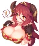 ! 1girl black_gloves breasts cleavage commentary cropped_torso dragalia_lost english_commentary eyebrows_visible_through_hair eyes_visible_through_hair fang fang_out fur_collar gloves hair_between_eyes hands_up highres horn_ornament horns jewelry large_breasts long_hair mumu_(dragalia_lost) orange_eyes puffy_short_sleeves puffy_sleeves redhead ricegnat short_sleeves simple_background smile solo spoken_exclamation_mark upper_body wavy_mouth white_background wrist_cuffs