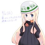  1girl abigail_williams_(fate/grand_order) alternate_headwear bangs black_bow black_dress blonde_hair blue_eyes blush bow bug butterfly closed_mouth dated dress english fate/grand_order fate_(series) hair_bow hands_on_hips hardhat helmet insect kujou_karasuma long_hair long_sleeves orange_bow parted_bangs signature simple_background sketch sleeves_past_fingers sleeves_past_wrists smile solo translation_request upper_body very_long_hair white_background 