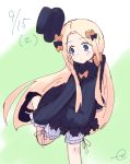  1girl abigail_williams_(fate/grand_order) bangs black_bow black_dress black_footwear black_hat blonde_hair bloomers blue_eyes blush bow bug butterfly closed_mouth dated dress eyebrows_visible_through_hair fate/grand_order fate_(series) forehead gradient gradient_background green_background hair_bow hat hat_removed head_tilt headwear_removed insect kujou_karasuma long_hair long_sleeves looking_away looking_to_the_side mary_janes orange_bow parted_bangs shoes signature sketch sleeves_past_fingers sleeves_past_wrists solo standing standing_on_one_leg underwear very_long_hair white_background white_bloomers 