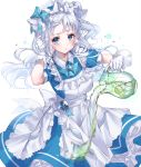  1girl alternate_costume animal_ears apron bare_arms bell blue_eyes cat_ears dress enmaided food fruit gloves highres holding jingle_bell juice kinty lime_(fruit) maid maid_headdress original pitcher pouring ribbon simple_background solo white_background white_hair 