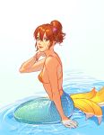  1girl bikini brown_hair fins green_eyes head_fins long_hair looking_at_viewer mella mermaid monster_girl monsterification octopath_traveler scales short_hair simple_background smile swimsuit tressa_(octopath_traveler) water 