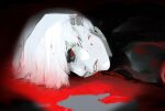  1boy akahara_(akaharaillust) bangs blood commentary_request grey_hair highres kaneki_ken looking_at_viewer lying male_focus pale_skin parted_lips red_eyes short_hair solo spot_color tokyo_ghoul 