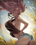  1girl amputee ass baiken bare_shoulders bareback big_hair breasts closed_eyes denim denim_shorts eyepatch facial_tattoo field from_side guilty_gear guilty_gear_xrd halterneck highres jako_(toyprn) japanese_clothes kataginu large_breasts long_hair looking_at_viewer meme_attire one-eyed pink_eyes pink_hair ponytail scar scar_across_eye shorts sideboob tattoo virgin_killer_outfit virgin_killer_sweater wheat_field 