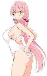  1girl ahoge akashi_(kantai_collection) blush breasts commentary_request cowboy_shot from_side green_eyes hair_ribbon kantai_collection kusano_(torisukerabasu) large_breasts long_hair looking_at_viewer looking_to_the_side parted_lips pink_hair ribbon simple_background solo standing tress_ribbon white_background 