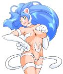  1girl animal_ears anime_coloring big_hair blue_hair breast_press breasts cat_ears cat_tail cowboy_shot felicia fur green_eyes highres large_breasts long_hair looking_at_viewer open_mouth pakumaso paws smile solo tail vampire_(game) very_long_hair white_background white_tail 