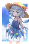  1girl adapted_costume bare_arms bare_shoulders blue_dress blue_eyes blue_hair blue_sky blush cirno clouds collarbone day dress eyebrows_visible_through_hair flat_chest flower food hat hat_flower hat_ribbon highres ice ice_wings kibisake lens_flare melting morning_glory mouth_hold outline outside_border popsicle red_ribbon ribbon short_hair skirt_hold sky sleeveless sleeveless_dress solo standing straw_hat sun sun_hat sunflower sweat tanned_cirno touhou wings 