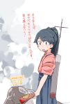  1girl black_eyes black_hair blood bloody_weapon bottle bow colored commentary enjaku_izuku eyebrows_visible_through_hair hair_bow hakama_skirt highres holding holding_bottle houshou_(kantai_collection) long_hair machinery mast ponytail smoke solo sweat v-shaped_eyebrows weapon 