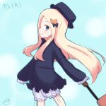  1girl abigail_williams_(fate/grand_order) bangs black_bow black_dress black_hat blonde_hair bloomers blue_eyes blush bow bug butterfly closed_mouth cowboy_shot dress fate/grand_order fate_(series) hair_bow hat holding insect kujou_karasuma long_hair long_sleeves orange_bow parted_bangs profile rolling_suitcase signature simple_background sleeves_past_fingers sleeves_past_wrists smile solo underwear very_long_hair white_background white_bloomers 