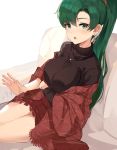  1girl absurdres bangs blush breasts commentary_request couch earrings eyebrows_visible_through_hair fire_emblem fire_emblem:_rekka_no_ken green_hair highres jewelry long_hair long_sleeves looking_at_viewer lyndis_(fire_emblem) medium_breasts necklace nintendo open_mouth ormille ponytail shiny shiny_skin simple_background sitting skirt solo sweater turtleneck 