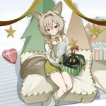  1girl absurdres animal_ear_fluff animal_ears arknights bare_shoulders beanstalk_(arknights) bell box braid brown_eyes brown_hair candy candy_cane christmas christmas_tree closed_mouth collarbone commentary_request dress feet_out_of_frame feizao food gift gift_box green_dress grey_sweater hair_over_shoulder heart-shaped_box highres long_hair metal_crab_(arknights) neck_bell off-shoulder_sweater off_shoulder single_braid sitting sleeveless sleeveless_dress smile socks solo star_(symbol) striped sweater tail white_legwear 