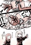  &gt;:) 2girls :d clenched_hand closed_eyes commentary_request highres ishiyumi long_hair long_sleeves mecha multiple_girls open_mouth original sepia smile sweater translation_request twintails 