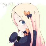  1girl abigail_williams_(fate/grand_order) bangs black_bow black_dress blonde_hair blue_eyes blush bow dated dress eating eyebrows_visible_through_hair fate/grand_order fate_(series) food forehead gradient gradient_background green_background hair_bow holding holding_food kujou_karasuma long_hair long_sleeves looking_at_viewer looking_to_the_side no_hat no_headwear onigiri orange_bow parted_bangs polka_dot polka_dot_bow profile signature sleeves_past_fingers sleeves_past_wrists solo upper_body white_background 
