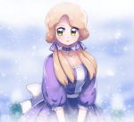  1girl blonde_hair blush bringthanoise choker creatures_(company) dress earrings game_freak green_eyes hair_over_shoulder jewelry long_hair looking_at_viewer nintendo pokemon pokemon_(game) pokemon_rse prim_(pokemon) puffy_sleeves purple_choker purple_dress snowing solo standing twintails twitter_username younger 