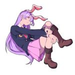  1girl animal_ears bangs blazer boots brown_footwear crescent crescent_moon_pin full_body hair_over_one_eye jacket long_hair long_sleeves mefomefo necktie pink_skirt pleated_skirt purple_hair rabbit_ears red_eyes red_neckwear reisen_udongein_inaba simple_background skirt solo touhou very_long_hair white_background 