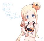  1girl abigail_williams_(fate/grand_order) bare_arms bare_shoulders bikini bikini_top black_bikini black_bow blonde_hair blue_eyes blush bow bunching_hair closed_mouth collarbone dated emerald_float fate/grand_order fate_(series) hair_bow hair_bun head_tilt kujou_karasuma long_hair looking_at_viewer navel orange_bow orange_scrunchie scrunchie side_bun signature simple_background smile solo swimsuit translation_request upper_body very_long_hair white_background wrist_scrunchie 