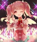 1girl angel_wings bang_dream! bare_shoulders blush bow choker collarbone dress eyebrows_visible_through_hair hair_bow holding holding_microphone looking_at_viewer maruyama_aya medium_hair microphone one_eye_closed open_mouth pompitz red_bow red_ribbon ribbon smile solo twintails upper_body v white_bow wings