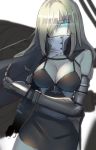  1girl black_dress blue_eyes breasts cape covered_mouth damaged dress european_water_hime eyebrows_visible_through_hair gauntlets gloves hair_between_eyes hair_over_one_eye kantai_collection large_breasts long_hair machinery mechanical_arm pallad shinkaisei-kan simple_background solo torn_clothes turret white_background white_hair 