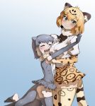  2girls animal_ear_fluff animal_ears bare_shoulders blonde_hair blush bow bowtie center_frills closed_eyes commentary_request cowboy_shot elbow_gloves eyebrows_visible_through_hair face_to_breasts frilled_swimsuit frills fur_collar gloves grey_hair height_difference high-waist_skirt highres hug jaguar_(kemono_friends) jaguar_ears jaguar_print jaguar_tail kemono_friends multicolored_hair multiple_girls one-piece_swimsuit open_mouth otter_ears otter_tail r-one short_hair short_sleeves skirt small-clawed_otter_(kemono_friends) smile swimsuit tail thigh-highs white_hair yellow_eyes zettai_ryouiki 