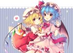  2girls bangs bat_wings blonde_hair blue_background blue_hair blush bow bowtie center_frills commentary_request cowboy_shot crystal eyebrows_visible_through_hair flandre_scarlet frilled_shirt_collar frills hair_between_eyes hand_up hat hat_bow hat_ribbon heart hug index_finger_raised lace_trim long_hair looking_at_viewer mob_cap multiple_girls one_side_up open_mouth parted_lips petticoat pink_hat puffy_short_sleeves puffy_sleeves red_bow red_eyes red_neckwear red_ribbon red_sash red_skirt red_vest remilia_scarlet ribbon ruhika sash short_sleeves siblings sisters skirt skirt_set smile sparkle spoken_heart striped striped_background touhou vertical-striped_background vertical_stripes vest white_hat wings wrist_cuffs yellow_bow yellow_neckwear 