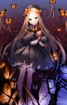  1girl abigail_williams_(fate/grand_order) black_bow blue_eyes bow bug butterfly closed_mouth expressionless eyebrows fate/grand_order fate_(series) forehead hair_bow highres insect long_hair long_sleeves looking_at_viewer orange_bow pompitz sleeves_past_wrists solo stuffed_animal stuffed_toy teddy_bear 