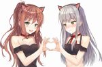  2girls :3 :d animal_ears atychi bang_dream! bangs bare_shoulders bell bell_choker black_bikini_top black_swimsuit blush breasts brown_hair cat_ears choker collarbone commentary_request embarrassed eyebrows_visible_through_hair fake_animal_ears frilled_swimsuit frills green_eyes hairband half_updo hand_up heart heart_hands heart_hands_duo highres imai_lisa long_hair looking_at_another looking_at_viewer medium_breasts minato_yukina multiple_girls navel nose_blush one-piece_swimsuit one_side_up open_mouth red_choker ribbon_choker shiny shiny_hair sidelocks silver_hair simple_background smile swimsuit upper_body wavy_hair wavy_mouth white_background yellow_eyes 