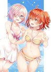  2girls :d ahoge bangs bare_arms bare_shoulders bikini black-framed_eyewear blue_sky blush breasts brown_eyes clouds collarbone commentary_request cute day dress dress_swimsuit eyebrows_visible_through_hair fate/grand_order fate_(series) fujimaru_ritsuka_(female) glasses gluteal_fold hair_between_eyes hair_ornament hair_over_one_eye hair_scrunchie mash_kyrielight mashiro_aa medium_breasts multiple_girls navel o-ring o-ring_bikini o-ring_top one_side_up open_mouth orange_hair orange_scrunchie pink_hair scrunchie shielder_(fate/grand_order) short_hair side-tie_bikini sky smile striped striped_bikini sweat swimsuit swimsuit_of_perpetual_summer thigh_gap violet_eyes wavy_mouth white_dress wrist_grab 