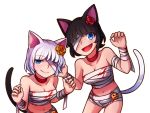  2girls :d animal_ears bandage bandaged_arm bandaged_head bandages bare_shoulders black_hair blood blood_stain blue_eyes breasts cat_ears cat_tail chocolate_(rabi_ribi) choker claw_pose cleavage collarbone error eyebrows_visible_through_hair eyes_visible_through_hair fang flower hair_flower hair_ornament halloween halloween_costume hands_up looking_at_viewer medium_breasts midriff multiple_girls mummy_costume navel one_eye_covered open_mouth pumpkin rabi-ribi red_choker short_hair smile speckticuls tail transparent_background vanilla_(rabi_ribi) white_hair 