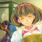  1boy 1girl bob_cut brown_hair closed_eyes closed_mouth commentary_request facing_viewer flik food gensou_suikoden gensou_suikoden_ii hairband happy lowres nanami_(suikoden) short_hair smile 