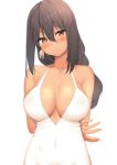  1girl arms_behind_back azur_lane bangs bare_shoulders black_hair blush body_mahattaya_ginga breasts brown_eyes cleavage closed_mouth collarbone covered_navel dark_skin dress earrings eyebrows_visible_through_hair feather_earrings hair_between_eyes jewelry large_breasts light_smile long_hair looking_at_viewer revision simple_background solo south_dakota_(azur_lane) tied_hair upper_body waist white_background white_dress 