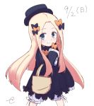  1girl abigail_williams_(fate/grand_order) bag bangs black_bow black_dress black_hat blonde_hair bloomers blue_eyes blush bow bug butterfly closed_mouth dated dress eyebrows_visible_through_hair fate/grand_order fate_(series) forehead hair_bow hat holding insect kujou_karasuma long_hair long_sleeves looking_at_viewer orange_bow parted_bangs signature simple_background sketch sleeves_past_fingers sleeves_past_wrists smile solo standing underwear very_long_hair white_background white_bloomers 