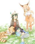  4girls animal_ears backpack bag bare_shoulders belt blonde_hair blue_eyes boots capri_pants caracal_(kemono_friends) closed_eyes comic commentary_request curled_up ears_down elbow_gloves eyebrows_visible_through_hair gloves green_hair hands_on_hips hat hat_feather hat_removed headwear_removed helmet kaban_(kemono_friends) kemono_friends kyururu_(kemono_friends) lap_pillow light_brown_hair long_hair moeki_(moeki0329) multicolored_hair multiple_girls pants pantyhose pith_helmet seiza serval_(kemono_friends) serval_ears serval_print serval_tail shoes short_hair sitting sleeping sleeveless sneakers spoilers tail thigh-highs zettai_ryouiki 