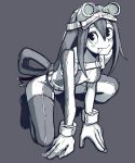  1girl asui_tsuyu bodysuit boku_no_hero_academia breasts gloves goggles goggles_on_headwear grey_background greyscale hair_between_eyes long_hair looking_at_viewer low-tied_long_hair medium_breasts monochrome simple_background sketch solo squatting st_(youx1119) tongue tongue_out very_long_hair 