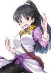  1girl :d black_hair blush breasts fighter_(goblin_slayer!) fighting_stance goblin_slayer! long_hair looking_at_viewer medium_breasts open_mouth pants ponytail simple_background smile solo violet_eyes white_background zawa_nong 