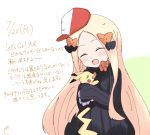  1girl :d ^_^ abigail_williams_(fate/grand_order) bangs baseball_cap black_bow black_dress blonde_hair blush bow bug butterfly closed_eyes closed_eyes creatures_(company) crossover dated dress fate/grand_order fate_(series) game_freak gen_1_pokemon green_background hair_bow hat head_tilt hug insect kujou_karasuma long_hair long_sleeves nintendo open_mouth orange_bow parted_bangs pikachu pokemon pokemon_(creature) signature sketch sleeves_past_fingers sleeves_past_wrists smile solo tilted_headwear translation_request two-tone_background upper_body very_long_hair white_background 