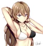  1girl arm_up armpits bangs bikini black_bikini breasts chrisandita cleavage closed_mouth collarbone commentary english_commentary eyebrows_visible_through_hair hair_between_eyes hair_ribbon halter_top halterneck highres large_breasts light_brown_hair long_hair looking_at_viewer multicolored multicolored_bikini multicolored_clothes navel original ribbon signature solo swimsuit upper_body very_long_hair violet_eyes white_bikini white_ribbon 