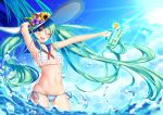  1girl absurdres aqua_eyes aqua_hair armpits bangs bikini blue_hair blurry clouds cloudy_sky commentary_request day depth_of_field eyebrows_visible_through_hair hand_on_headwear hat hatsune_miku highres holding long_hair looking_at_viewer looking_back nail_polish navel ocean one_eye_closed open_mouth outstretched_arm partially_submerged pupupu_(1053378452) sailor_collar side-tie_bikini sky smile solo standing striped striped_bikini swimsuit thighs twintails very_long_hair vocaloid water water_drop 
