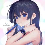  1girl ainy77 bangs bare_shoulders blue_eyes blue_hair blue_nails commentary_request gradient gradient_background hair_between_eyes highres holding holding_pencil klasse14 logo long_hair mechanical_pencil nail_polish original pencil product_placement smile tank_top title upper_body watch watch 