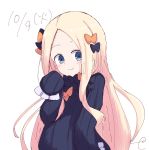  1girl abigail_williams_(fate/grand_order) bangs black_bow black_dress blonde_hair blue_eyes blush bow closed_mouth commentary_request dated dress fate/grand_order fate_(series) forehead hair_bow hand_up head_tilt highres kujou_karasuma long_hair long_sleeves no_hat no_headwear orange_bow parted_bangs signature simple_background sleeves_past_fingers sleeves_past_wrists smile solo upper_body very_long_hair white_background 