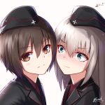  2girls bee_doushi black_hat black_jacket blush brown_eyes brown_hair eyebrows_visible_through_hair girls_und_panzer hair_between_eyes hat highres itsumi_erika jacket kuromorimine_military_uniform long_hair looking_at_viewer military military_hat military_uniform multiple_girls nishizumi_maho portrait red_shirt shirt short_hair signature silver_hair simple_background sweatdrop uniform white_background 