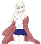  1girl bangs bare_shoulders blonde_hair blue_eyes blue_skirt breasts clothes_lift coat cowboy_shot eyebrows_visible_through_hair floating_hair fullmetal_alchemist happy long_hair looking_away ponytail red_coat see-through shirt simple_background skirt sleeveless sleeveless_shirt smile solo thighs tsukuda0310 upper_body white_background white_shirt winry_rockbell 