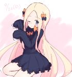  1girl abigail_williams_(fate/grand_order) bangs black_bow black_dress blonde_hair blue_eyes blush bow bug butterfly closed_mouth dated dress eyebrows_visible_through_hair fate/grand_order fate_(series) forehead gradient gradient_background hair_bow hands_up insect kujou_karasuma long_hair long_sleeves looking_at_viewer no_hat no_headwear one_eye_closed orange_bow parted_bangs pink_background sketch sleeves_past_fingers sleeves_past_wrists solo very_long_hair white_background 