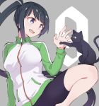  1girl :d aki_poi animal bangs bike_shorts black_cat black_hair black_shorts blue_eyes breasts cat character_request eyebrows_visible_through_hair grey_background hand_up head_tilt jacket long_hair long_sleeves looking_away medium_breasts open_mouth short_shorts shorts side_ponytail sidelocks simple_background smile solo track_jacket urami_koi_koi_urami_koi. very_long_hair violet_eyes white_jacket 