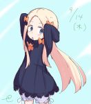 1girl abigail_williams_(fate/grand_order) arms_up bangs black_bow black_dress blonde_hair bloomers blue_background blue_eyes blush bow bug butterfly closed_mouth dated dress eyebrows_visible_through_hair fate/grand_order fate_(series) forehead gradient gradient_background hair_bow hair_tie hair_tie_in_mouth insect kujou_karasuma long_hair long_sleeves looking_at_viewer mouth_hold no_hat no_headwear orange_bow parted_bangs sidelocks signature sketch sleeves_past_fingers sleeves_past_wrists solo standing underwear very_long_hair white_background white_bloomers 