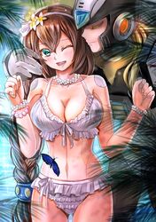 1boy 1girl alternate_color android aqua_eyes bikini blonde_hair blue_butterfly blue_eyes blush bracelet braid breasts brown_hair bug butterfly cleavage closed_eyes closed_mouth commentary_request couple flower flower_bracelet frilled_bikini frills front-tie_bikini front-tie_top hair_between_eyes hair_flower hair_ornament hairband helmet highres insect iris_(mega_man) iris_(rockman_x) jewelry kiwakiwa long_hair mega_man_(series) mega_man_x_(series) one_eye_closed open_mouth palm_leaf rockman rockman_x smile summer swimsuit white_bikini yellow_flower zero_(mega_man) zero_(rockman)