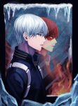  1boy artist_name blue_eyes boku_no_hero_academia burn_mark fire from_side ice male_focus mirror multicolored_hair open_mouth redhead silver_hair solo todoroki_shouto two-tone_hair upper_body yuari_kim 